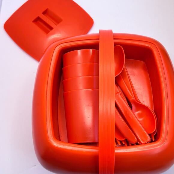 Vintage Orange Nesting Picnic Set Plates Cups Silverware Bowls Salt Pepper MCM - Picture 2 of 14